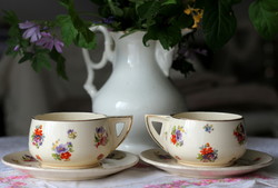 Antik fajansz, art deco stílusú teás csésze szettek, Fischer Emil Budapest jelzett, virágos dekorral