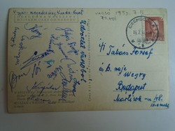 H33.6 FRADI FTC  focicsapat által aláírt képeslap  küldve 1953-ban Varsóból, Takács Józsefnek