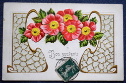 Antik dombornyomott szecessziós litho üdvözlő képeslap stilizált virág