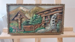 (K) old wooden carved and painted wall picture 35x18.5 cm