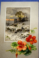 Antik dombornyomott szecessziós  üdvözlő képeslap sarkantyú virág tájkép