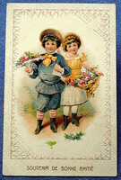 Antik dombornyomott szecessziós litho üdvözlő képeslap gyerekek rózsával