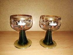 Pair of gold-plated, green-bottomed glass glasses - 10.5 cm high (16/k)