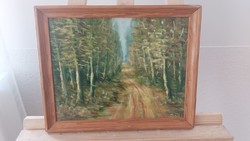 (K) Jelzett tájkép festmény "erdei út" 36x30 cm kerettel