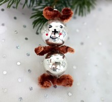 Retro Gablonz üveg és zsenília karácsonyfa dísz maci 8cm