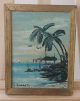 (K) Jelzett tájkép festmény tengerpart pálmafákkal 21x27 cm kerettel