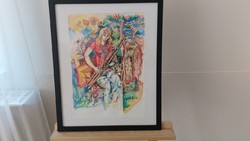 (K) János Józsa watercolor colored lithograph woman with bassoon 43x53 cm frame
