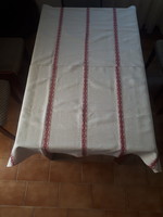 Homemade linen tablecloth with woven stripes, World Cup monogram