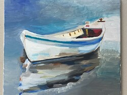 Boat on the sea marked oil canvas painting 40 x 40 cm