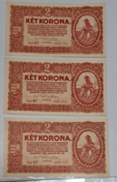 3 Hungarian 2 kroner 1920 with serial numbers, all unfolded, nice paper (26)