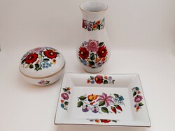 Kalocsai porcelain bonbonier, vase and bowl