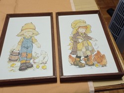 Two pieces of wooden wall pictures are probably children's drawings by Zsuzsa Fűzesi