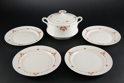 Alföldi porcelán, csipkebogyó mintás, retro, leveses tál + 4 darab lapos tányér, jelzett.