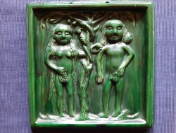 Retró, jelzett, "Rusói Karcag", zöld mázas kerámia falikép: Ádám és Éva