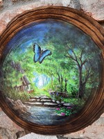 Forest scene painted on wooden disc