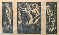 Ádám és Éva (1928) triptichon fametszet - Stefan Mrozewski lengyel grafikus - bibliai jelenetek