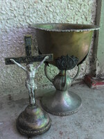 Antique 19th century bronze holy water container - baptismal vessel.