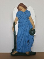 Antik festett angyal szobor, öntöttvas dombormű, 3,45 kg