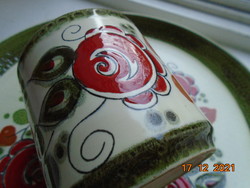 -50% Hand-painted Majolica Tea Cup with Saucer and Embossed Red Rose Pattern Schramberg Factory 25.5cm