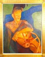 Domanovszky Endre : Férfi kerékkel olaj , vászon festmény - 51468