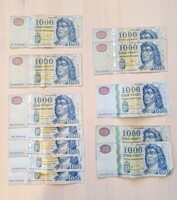 12 db1000 forintos bankjegy, DA, DB, DC, DD, DE, 3 db 200 forintos, 1db 100 forintos, 50 filléresek