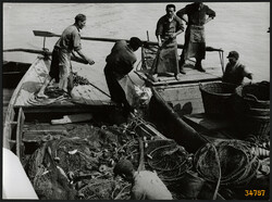 Larger size, photo art work by István Szendrő, fishermen on the Danube, 1930s. Original, stamp