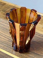 Large heavy amber / honey yellow art deco thick glass vase 20.5 Cm