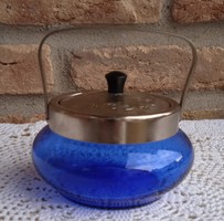 Blue glass sugar bowl
