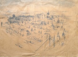 Pest látképe az 1900-as évek első feléből - szignózott ceruzarajz - zsidó származású festő?