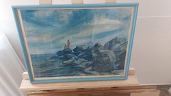 (K) Sziklás tengerpart festmény 42x32 cm kerettel