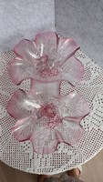 Vintage pink walther glass partially frosted double ribbed serving dish with fabulous flowers on the bottom