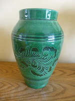 Antik,zöld,népi,mázas kerámia váza magyaros mintával