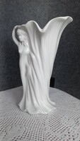 Vintage virágtölcsér alakú porcelán váza, oldalán női akt fél testtel a vázába olvadva, hibátlan