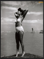 Larger size, photo art work by István Szendrő. Siófok, woman in a bathing suit, 1930s. Original
