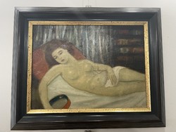 Antik fekvő női akt festmény jelzett kép új keretben