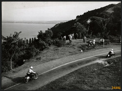 Larger size, photo art work by István Szendrő. Tihany, motorcycle race, 1930s. Original, p