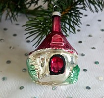 Régi üveg karácsonyfa dísz házikó 6cm