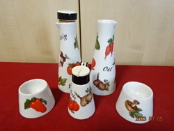 German porcelain, vegetable patterned breakfast set, oil and vinegar pourer, salt shaker, egg holders. Jokai.
