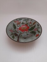 Virág mintás, talpas réz tál, 15 cm