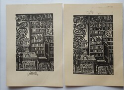 Ferenc Bordás 1911-1982 woodcut ex-libris of Lajos Buda 2 pieces. One signed in graphite pencil