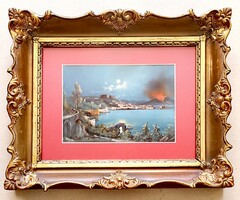 Antique gouache painting: Bay of Naples with Vesuvius. 1872.