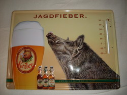 Metal advertising sign with wild boar keiler beer thermometer
