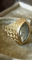 18K gold aquamarine pale blue stone ring with fabric print pattern