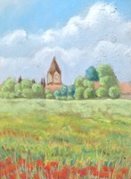 Serene landscape with poppies, special old pastel, no sign