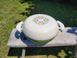 Régi vintage 3 L öntöttvas zöld fehér fazék virág mintás vas edény zománcos fedeles sütőtál tál