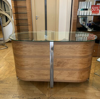 Cupboards, storage shelves, reception desk made of cherry wood, chrome steel table