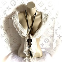 Feltűnő olasz gyöngy medálos nyaklánc, hosszú bőr nyaklánc szép nagy medálos nyakék, 80 cm