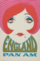 Retro vintage amerikai utazási reklám plakát Anglia 1960, modern reprint nyomat női arc angol zászló