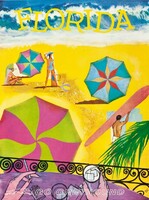 Retro vintage amerikai utazási reklám plakát Florida USA 1960, modern reprint, strand beach napernyő