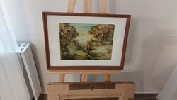 (K) Szignózott absztrakt festmény 2 alakkal 52x38 cm kerettel